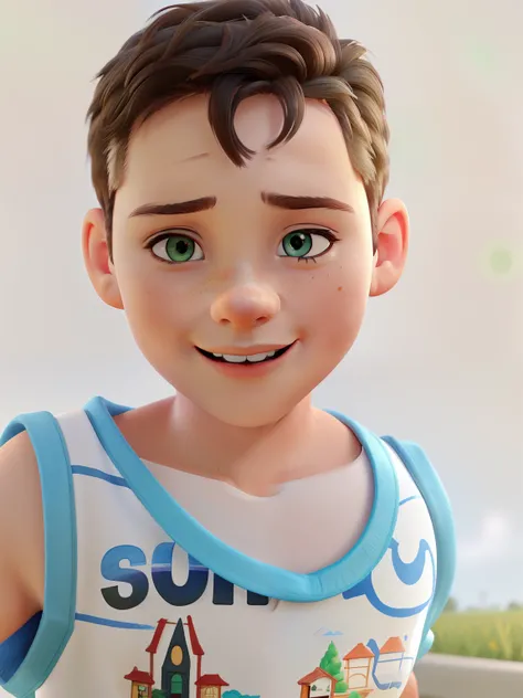 A 4-year-old boy in a white T-shirt, White, on a playground,illustration,oil painting,beautiful detailed eyes,beautiful detailed lips,extremely detailed eyes and face,longeyelashes,boys playing,joyful expression,green grass,puffy clouds,playful atmosphere,...