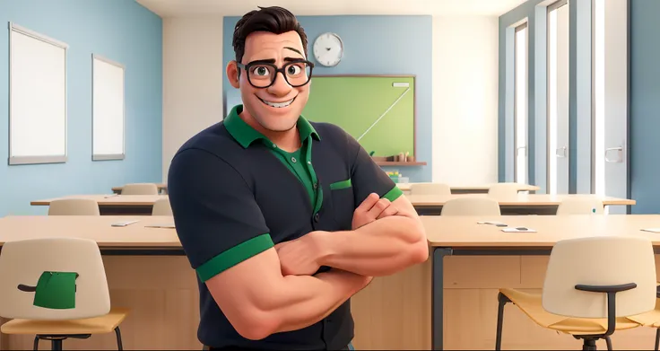 Obra-prima, de melhor qualidade, a man with glasses, cabelo preto partido para o lado, sorrindo, mostrando levemente os dentes, vestindo uma camisa polo preta com gola verde, na sala de aula