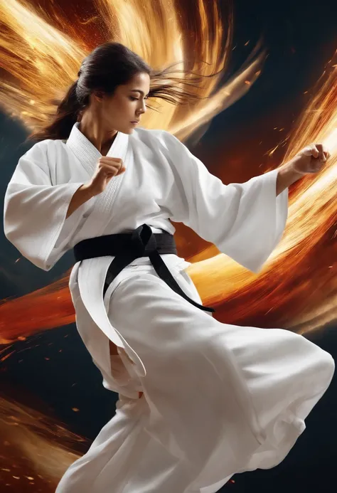 kimono branco, gola preta, faixa preta, faixa dourada, esporte de luta, High-quality karate, dynamic action, movimentos poderosos, Dynamic background for sports poster.