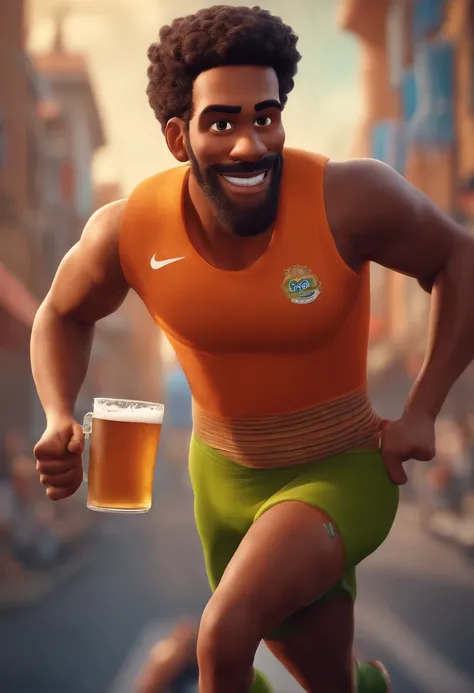 An athlete running and holding a mug of beer in his hand, estilo pixar