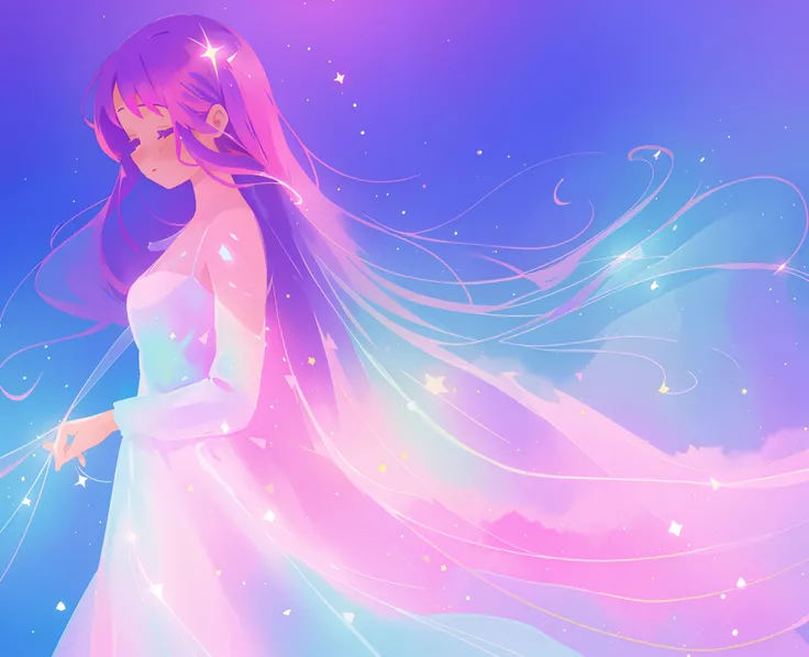 beautiful girl in colorful sparkling flowing ballgown, long flowing purple pink hair, colorful sparkling lights, purple blue pink white theme, colorful fantasia background, watercolor illustration, glowing aura around her, glowing lights, beautiful digital...