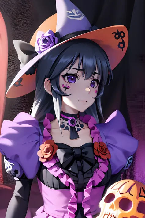 ayamine kei vestida como una catrina, anime girl with long purple hair and skull makeup in front of a background, el dia los mue...