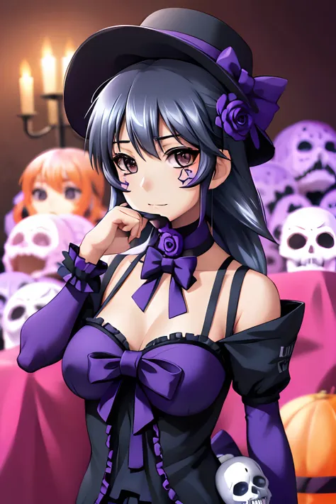 ayamine kei vestida como una catrina, anime girl with long purple hair and skull makeup in front of a background, el dia los mue...