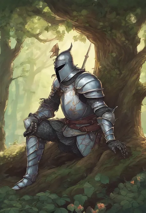 (Knight lying and leaning on the tree in the forest:1.2), flora, vine grows on his armor,full armor, helmet, (knight:1.2),dnd art, dungeons and dragons art, high fantasy illustration,d & d art style,