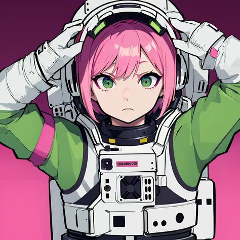 very angry anime girl short pink hair and green eyes wearing a spacesuit no background