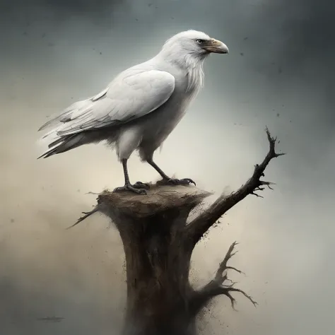 A white crow on a dead tree, The white raven is rich in detail and realistic，Em Forma de sombra de um caminhante, Noite estrelada, Thick fog on the ground, Luz azul no horizonte, Motor Unreal5, cinemactic, Low angle photo, motion blur, proFundidade de camp...