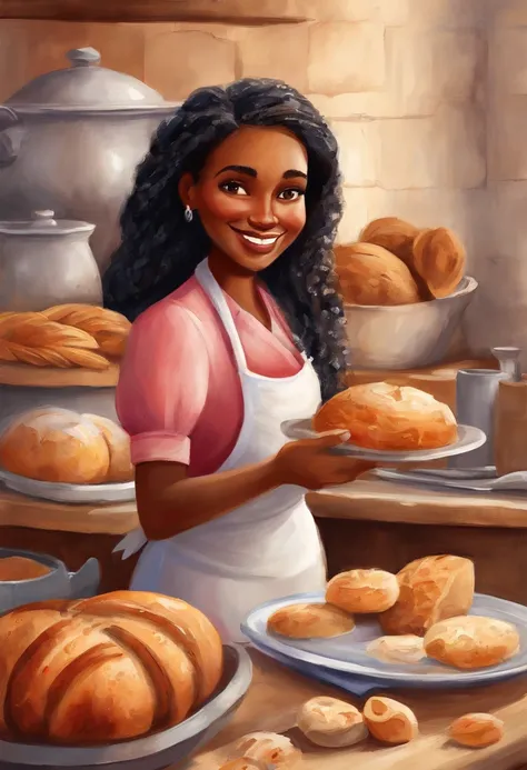 Create a Disney Pixar Poster. Uma mulher chef de cozinha. Esta mulher tem cabelos cor castanho escuro, cabelos na altura do ombro, Is smiling happily, olhos castanhos, olhos pequenos. Ela usa brincos pequenos. Ela tem pele branca. Shes making bread in a ba...