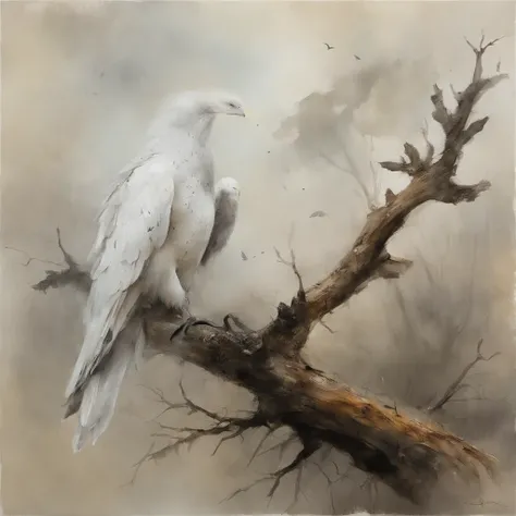 A white crow on a dead tree, The white raven is rich in detail，Em Forma de sombra de um caminhante, Noite estrelada, Thick fog on the ground, Luz azul no horizonte, Motor Unreal5, cinemactic, Low angle photo, motion blur, proFundidade de campos, dust, Seix...