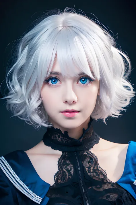 /hightquality　Masterpiece、((white  hair))、Blue eyes、curly hair、short-hair、short bangs、Blue eyes、Professionally Shot Portraits、Cosplay、a beauty girl、shot from front、black backgrounds