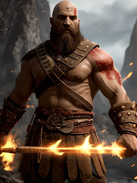 antiguo Vikingo de gran con gestos furioso, con un hacha en mano, parado sobre rocas y un oso muerto en los hombros. aspecto de pelicula, estilo kratos de god of war