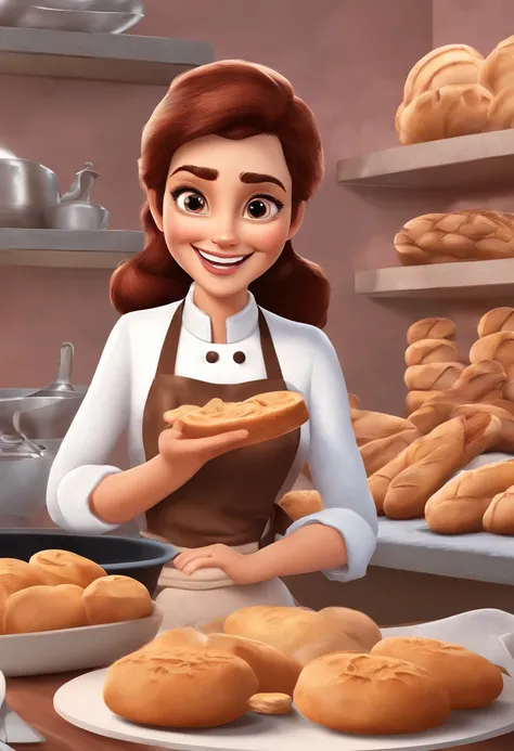 Create a Disney Pixar Poster. Uma mulher chef de cozinha. Esta mulher tem cabelos cor castanho escuro, cabelos na altura do ombro, Is smiling happily, olhos castanhos, olhos pequenos. Ela usa brincos pequenos. Ela tem pele branca. Shes making bread in a ba...