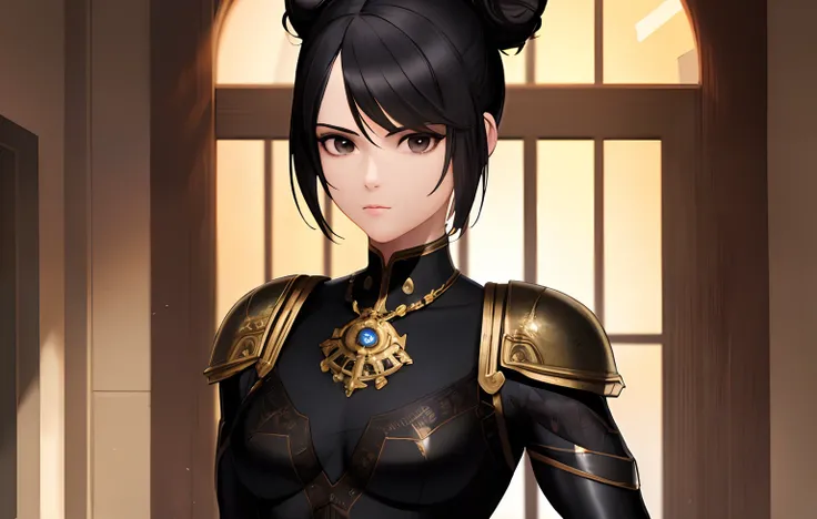 ((masterpiece)), highres, Muscular woman, Black hair, Black eyes, tall body, Small face, Short hair, Side buns, Fantasy outfit, Neutral Expression, Solo, Standing, best quality, detailed body, detailed face, beautiful