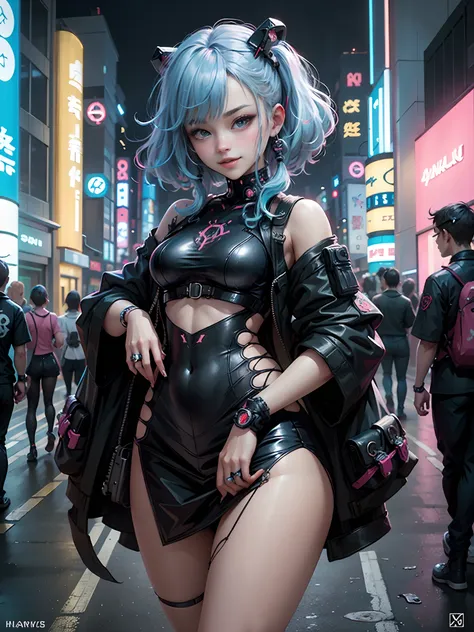 masterpiece, best quality, 2 smiling teenaged cyberpunk girls standing together taking selfie portrait, ((((harajuku-inspired cy...