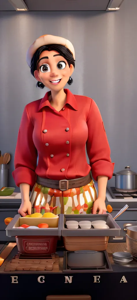 (alta qualidade, Realistic), medium black hair, mulher magra, sorridente, Estilo Disney Pixar, detailed eyes and lips, colorido, cores vibrantes, professional render, cena da cozinha, chefs hat, avental, Kitchen utensils, pratos deliciosos, expression joyf...