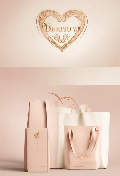 Design a realistic digital art logo that combines elegance and sophistication. The central element of the logo should be a meticulously detailed rosegold shopping bag, radiating opulence and style. In the middle of the bag, incorporate a delicate pink hear...