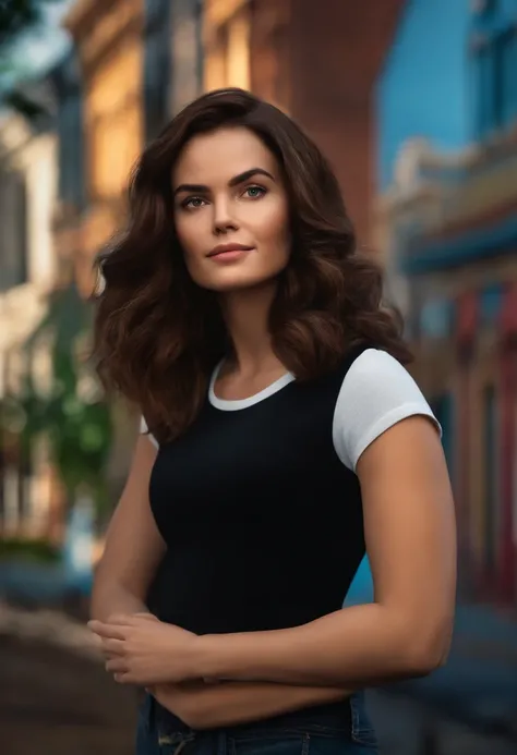 filme Marketing 2023 estilo filmes Pixar, Com nome "N - Marketing", poster, With short, lighter brunette hair and a black t-shirt in front of her crossed arms.