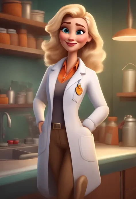 Create a pixar-style character inside a lab coat for a hot vet blonde character