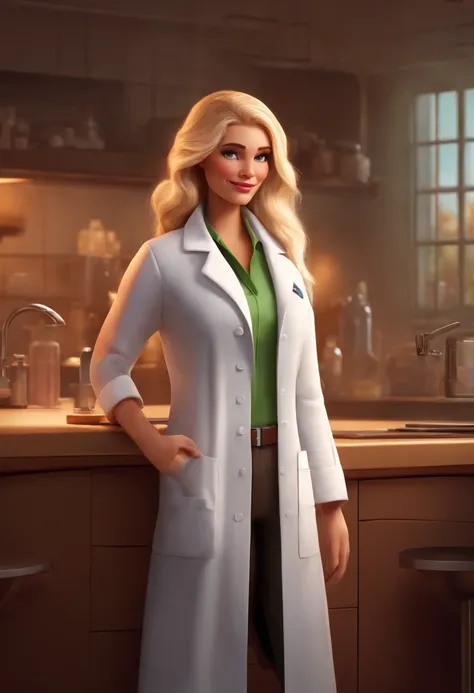 Create a pixar-style character inside a lab coat for a hot vet blonde character