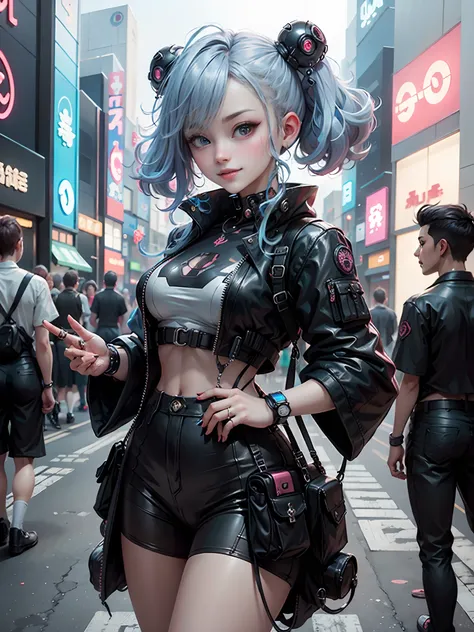 masterpiece, best quality, 2 smiling teenaged cyberpunk girls standing together taking selfie portrait, ((((Harajuku-inspired cyberpunk clothing)))), bold colors and patterns, eye-catching accessories, trendy and innovative hairstyle))), ((insane detail)),...