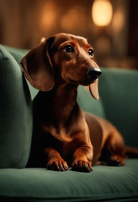 (best quality,highres),(realistic:1.37),dachshund on the sofa,looking to the side,detailed eyes,living room scene,soft and cozy lighting,dog breed: dachshund,velvety fur texture,warm earthy color tones,relaxed atmosphere