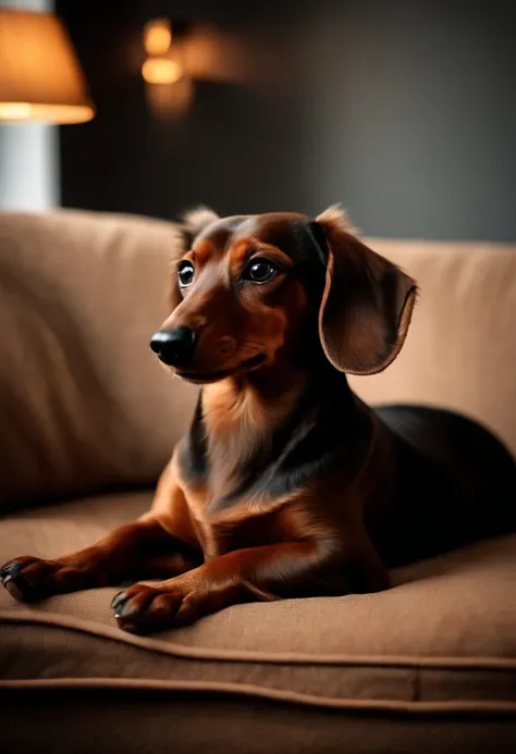 (best quality,highres),(realistic:1.37),dachshund on the sofa,looking to the side,detailed eyes,living room scene,soft and cozy lighting,dog breed: dachshund,velvety fur texture,warm earthy color tones,relaxed atmosphere