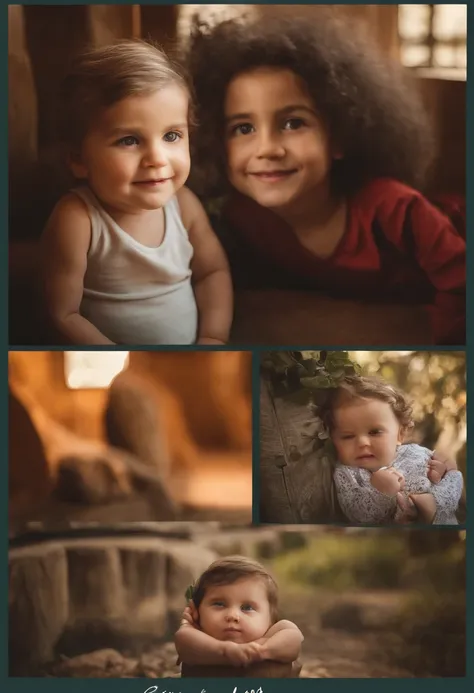 menino: Miguel, aproximadamente 5 anos de idade, cabelo curto estilo Disney, olhos castanhos e sorrisos. garota: Giovana, 2 anos, longos cabelos pretos e olhos azuis. scenecy: Miguel and Giovana are in a cozy little house in the valley, ao fundo um dia ens...