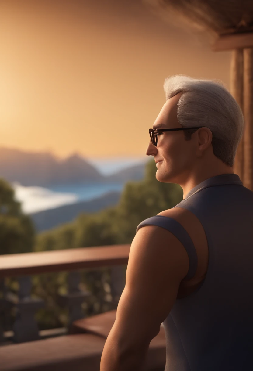 Personagem de desenho animado de um homem de 30 anos, wearing black glasses, fones de ouvido e uma camisa azul, Sugarloaf Mountain in the background, em uma mesa de madeira, um personagem animado, Caractere estilizado, animation style rendering, 3D estiliz...