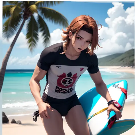 Criar um post estilo anime com um personagem com muscolos definidos, de bermuda e camiseta de surf. Calvo, moreno, nariz fino, olhos redondos. O personagem tem que estar numa praia apontando para um letreiro na areia escrito ICAPARA.