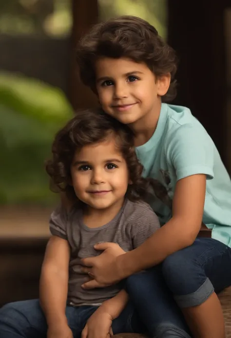 menino: Miguel, aproximadamente 5 anos de idade, cabelo curto estilo Disney, olhos castanhos e sorrisos. garota: Giovana, 2 anos, longos cabelos pretos e olhos azuis. scenecy: Miguel and Giovana are in a cozy little house in the valley, ao fundo um dia ens...