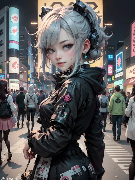 Anime masterpiece, best quality, 2 smiling teenaged cyberpunk girls ((wearing detailed Harajuku tech jackets)) standing together taking selfie portrait, (((Harajuku cyberpunk clothing)))), bold colors and patterns, eye-catching accessories, trendy and inno...