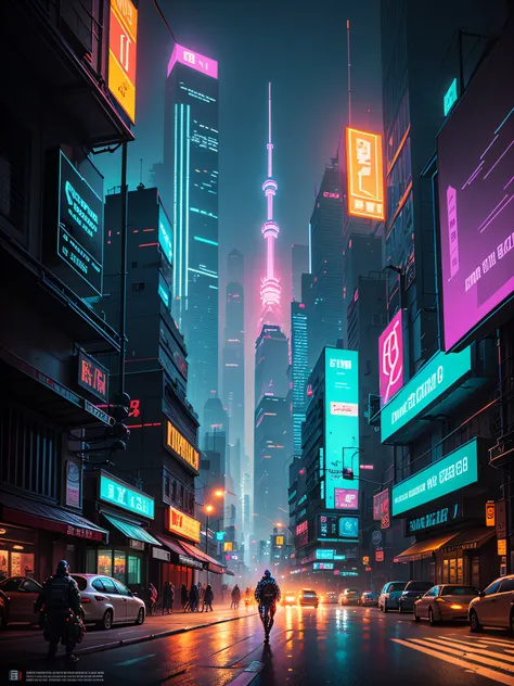 Pixel art style, Cyberpunk, pollution particles, panoramic shot, intricate, hyper-detailed, concept art, masterpiece, neon lighting, colorful, by Aase Berg