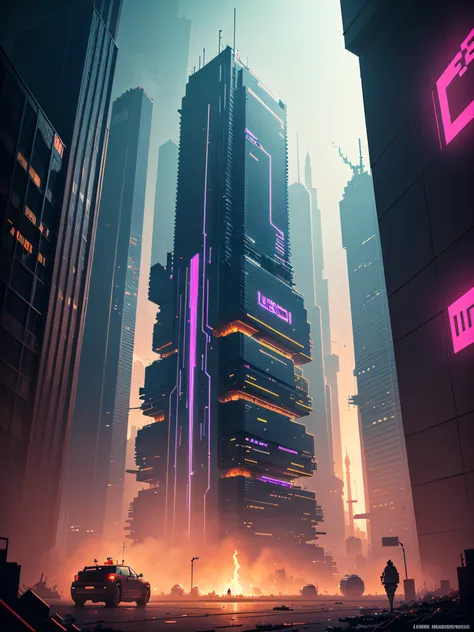 Pixel art style, Cyberpunk, pollution particles, panoramic shot, intricate, hyper-detailed, concept art, masterpiece, neon lighting, colorful, by Aase Berg