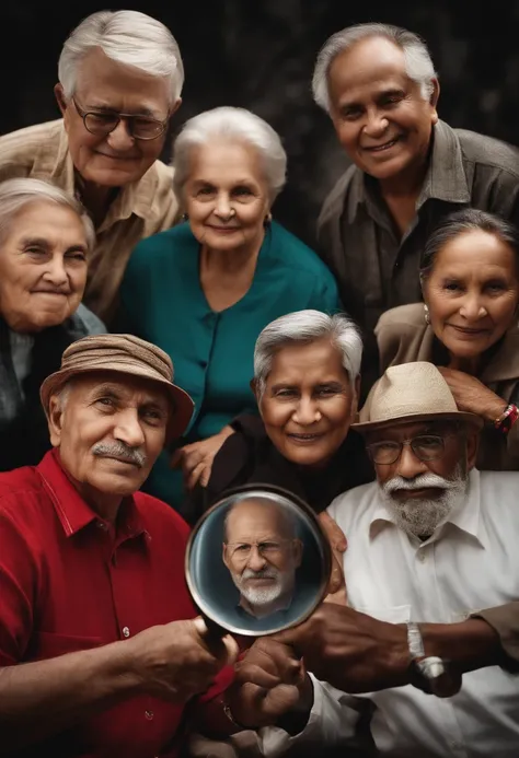 Black, white, Asian, Indian, Russian retirees from different trades looking through a magnifying glass.