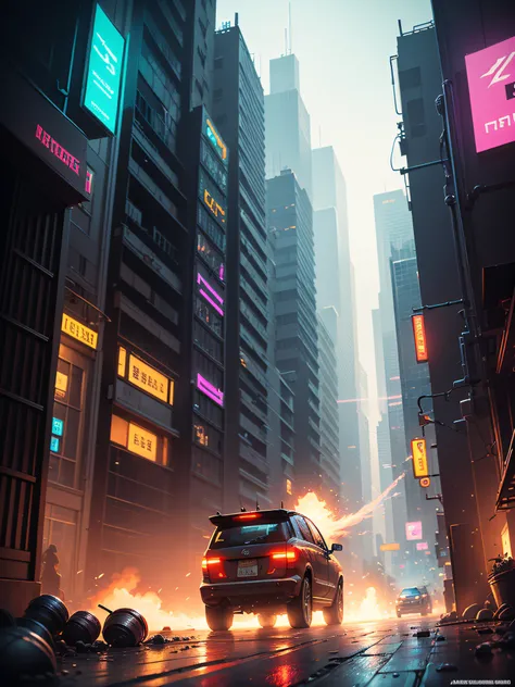 Pixel art style, Cyberpunk, rpg, pollution particles in the environment, panning shot, intricate, hyper-detailed, concept art, masterpiece, neon lighting, colorful, by Aase Berg