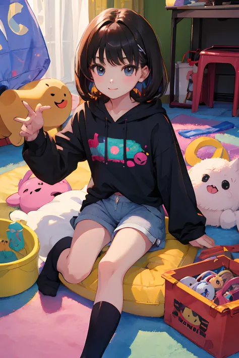 (child)，（​masterpiece，Highest Quality），Crop Top Look，Pastel Hoodie，(Gingham Check Shorts)，A dark-haired，World of toys