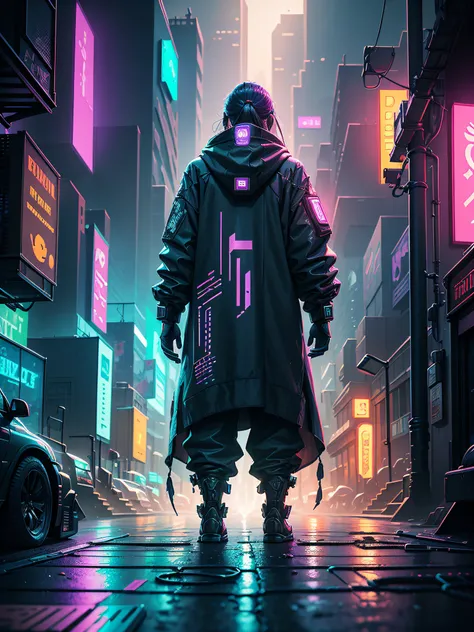 Pixel art style, Cyberpunk, rpg game, pollution particles in the environment, panoramic shot, very intricate, hyper-detailed, masterpiece, 4k, neon and dynamic lighting, colorful, made by Aase Berg, dystopian and melancholic atmosphere.