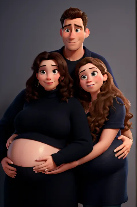 A detailed poster of a man, A pregnant woman and a girl, ao estilo Disney PIXAR, in the best possible quality.