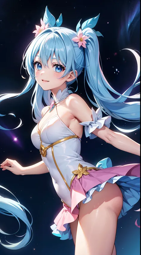 Super Idol　a beauty girl　Outstanding smile　sky blue hair　length hair　Facing straight ahead　Looking at the camera　Twin-tailed　Glittering pink and white、Blue and yellow leotard costume　Mystical　Fantasia　constellation　a moon　Crystal Brilliance　Aurora Borealis...