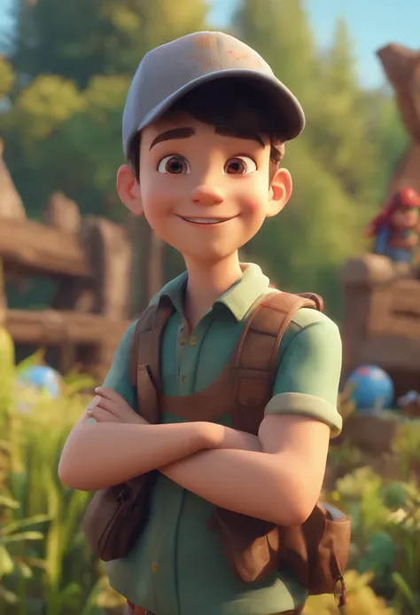 pixarstyle a waist-length portrait of a little boy, smirk, cap, nature, natural skin texture, 4k textures, hdr, intricate, highly detailed, sharp focus, cinematic look, hyperdetailed