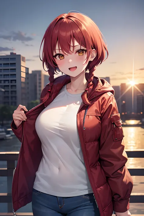 masutepiece, Best Quality, High resolution, Super Detail, 32K, Makima, Cute, One girl, short height, Big breasts, (16 years old: 1.5), (Red hair: 1.2) ), (short hair braids: 1.5), Braided hairstyle, Double-sided, symmetric clear eyes, (Yellow eyes: 1.3), S...