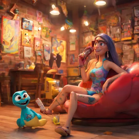 create a 3D movie poster inspired by Disney Pixar, The scene should be in Pixars signature digital art style, com uma imagem caricatural que lembra a cantora brasileira "Anita" in the prone position, Wearing a bikini while a tattoo artist is sitting tattoo...