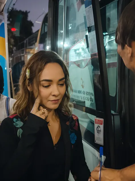 Theres a woman signing a note to a man on a bus, by Gina Pellón, bus, Fotografia tirada em 2 0 2 0, marcas no rosto, Alexandre Rostov, Directed by: Maksimilijan Vanka, Foto tirada em 2018, taken in the night, Pokimane, Directed by: Alejandro Obregon