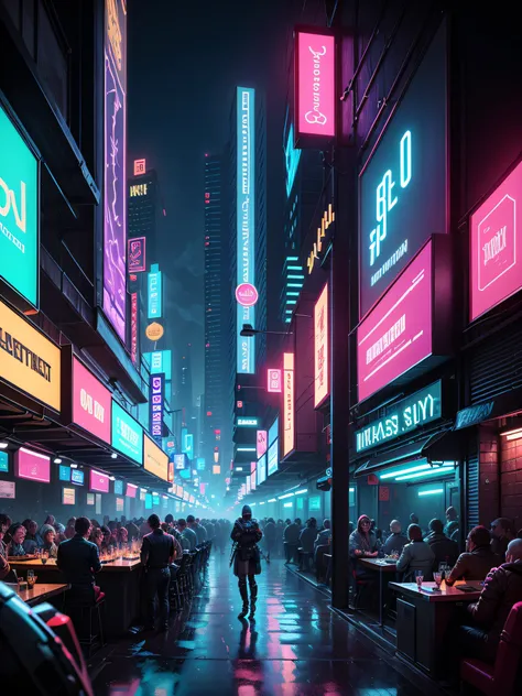 A highly distinctive Pixel Art style, nightclub, Cyberpunk, Blade Runner world, RPG game, nightclub, panoramic shot, intricately detailed, hyper-detailed, masterpiece, 4K, dynamic and neon lighting, colorful, created by Aase Berg, dystopian and melancholic...