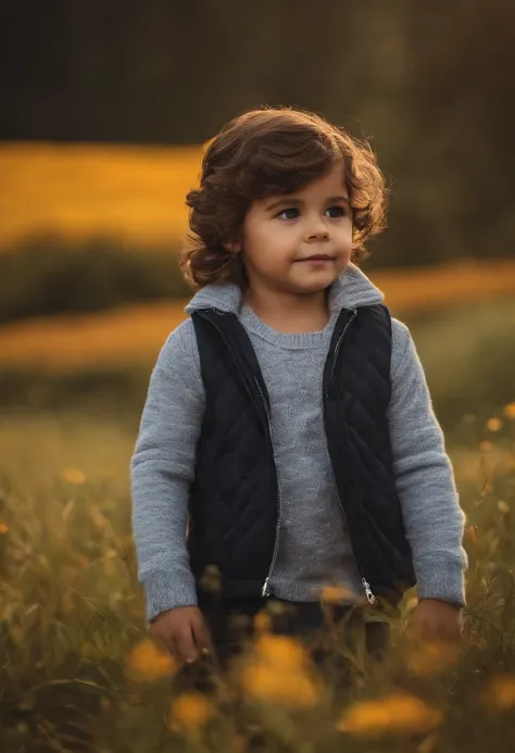 menino: Miguel, aproximadamente 5 anos de idade, cabelo curto estilo Disney, olhos castanhos e sorrisos. garota: Giovana, 2 anos, longos cabelos pretos e olhos azuis. scenecy: Miguel and Giovana are in a cozy little house in the valley, ao fundo um dia ens...