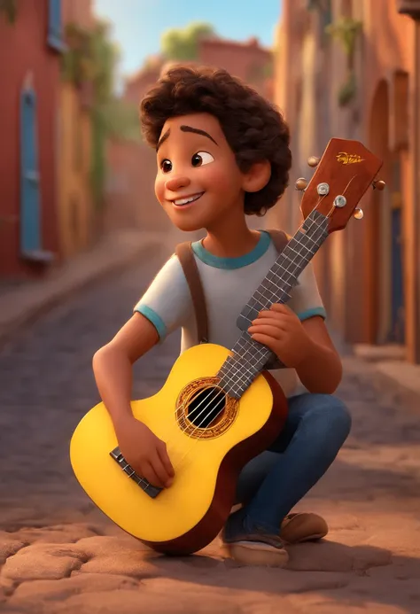 crie um banner no estilo Pixar. A boy with Brazilian features, moreno pardo com cabelos curtos pretos e levemente acinzentado, mas jovem, usando uma camiseta, Wearing jeans and holding a classic ukulele with 4 strings.Disney pixar Lucas birth