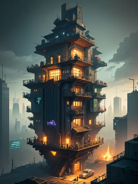 Pixel art style, cyberpunk eco-house, rpg game, panoramic shot, very intricate, hyper-detailed, masterpiece, 4k, neon and dynamic lighting, colorful, made by Aase Berg, dystopian and melancholic atmosphere.