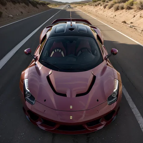 Ferrari fxx k lilac, em uma rodovia deserta, ao meio dia, perto do litoral