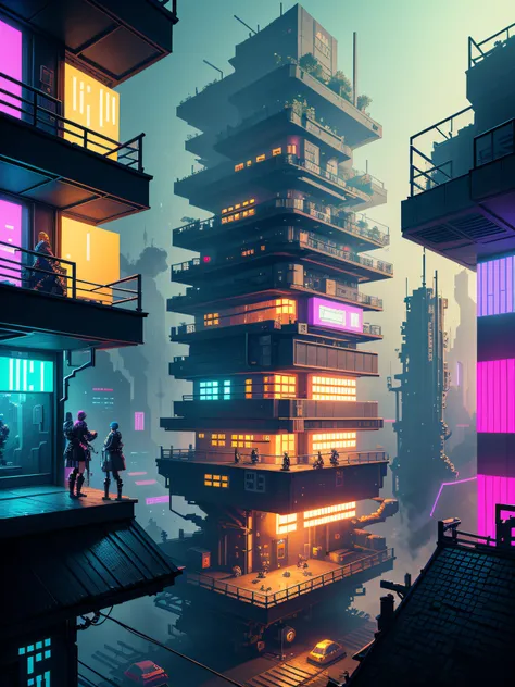 Pixel art style, cyberpunk eco-house, rpg game, panoramic shot, very intricate, hyper-detailed, masterpiece, 4k, neon and dynamic lighting, colorful, made by Aase Berg, dystopian and melancholic atmosphere.