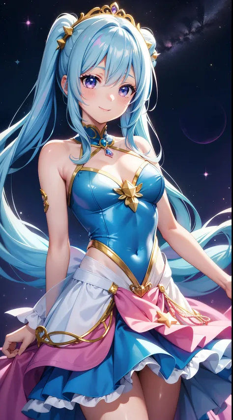 Super Idol　a beauty girl　Outstanding smile　sky blue hair　length hair　Facing straight ahead　Looking at the camera　Twin-tailed　Glittering pink and white、Blue and yellow leotard costume　Mystical　Fantasia　constellation　a moon　Crystal Brilliance　Aurora Borealis...