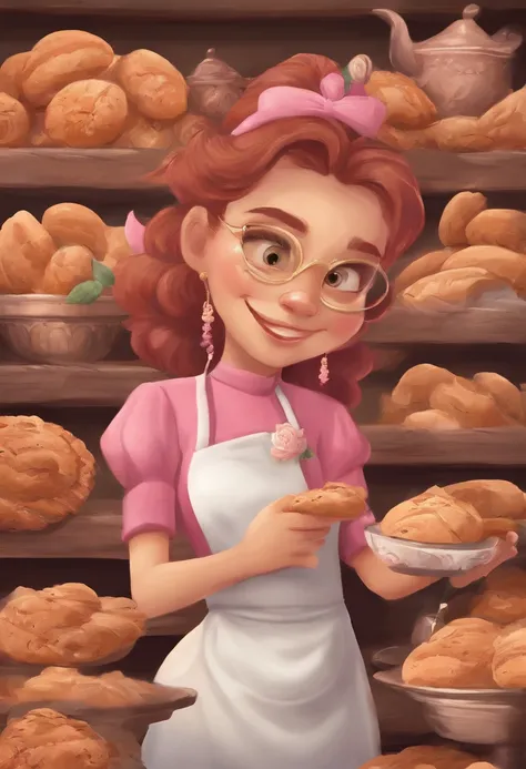 Create a Disney Pixar Poster. Uma mulher chef de cozinha, tem cabelos cor marrom escuro,  cabelos curtos, Is smiling happily, tem olhos marrons pequenos, usa brincos pequenos, tem pele branca. Shes making bread in a bakery and shes talking on her cell phon...